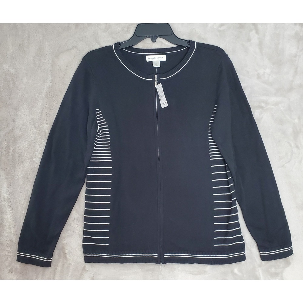 Christopher & Banks Cardigan M Full Zip Black Striped Cotton Sweater Light NWT